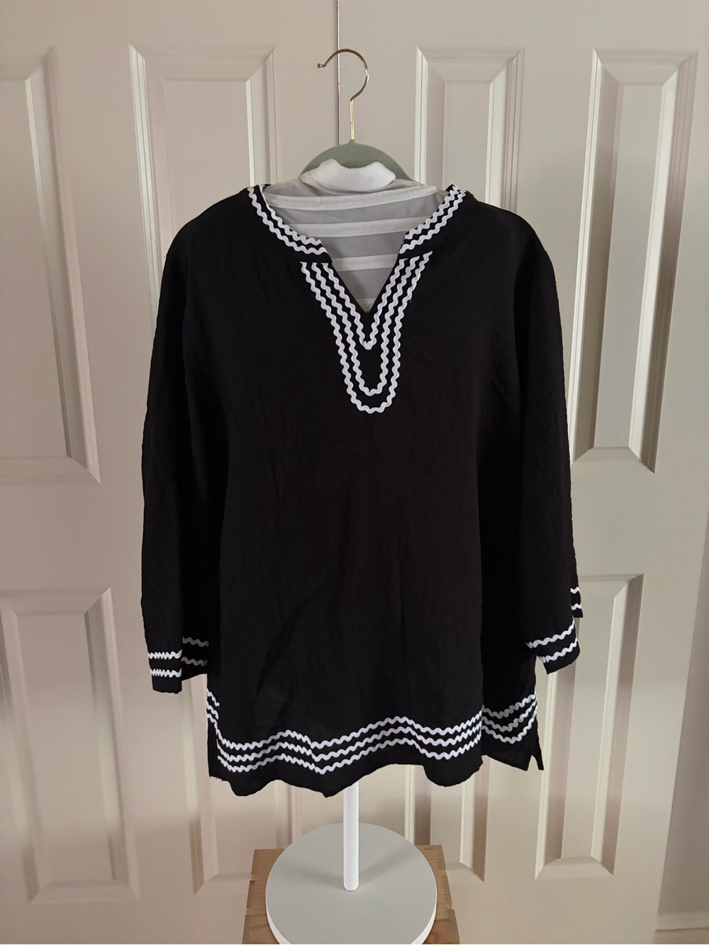 Multiples Black Tunic Top with White Trim Detail